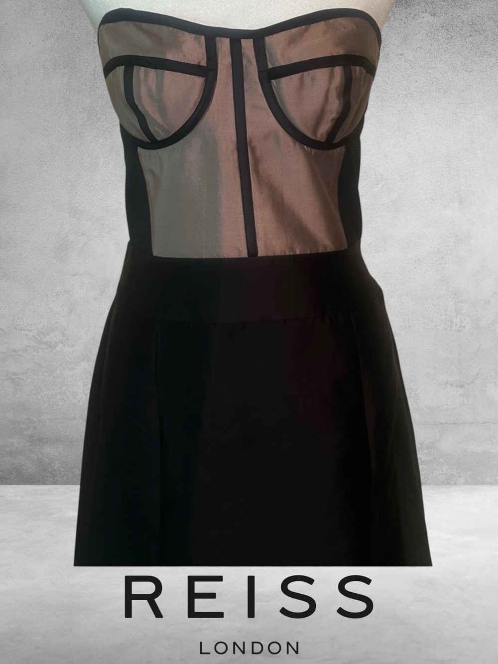 Reiss Strapless Black and Taupe Mesh Bodice Dress